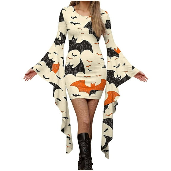 Womens Halloween Costumes Ghost Printed Bodycon Mini Dress Batwing Sleeve Crew Neck Masquerade Dresses Scream Costume
