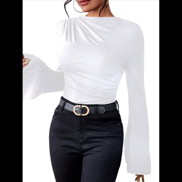 Camiseta Básica con Cuello Alto Fruncido y Mangas Largas con Volantes para Mujer L