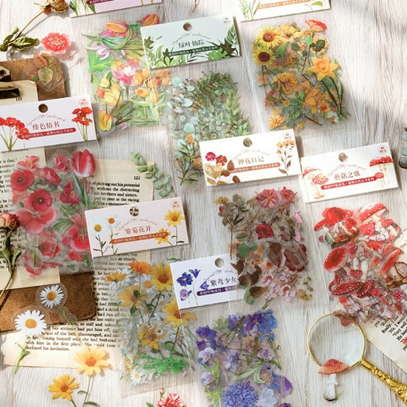 opvise 80Pcs/Set Floral Scrapbook Sticker Transparent PET Waterproof Self-adhesive Assorted DIY Retro Natural Flower Planner Journaling Sticker Student Supplies B