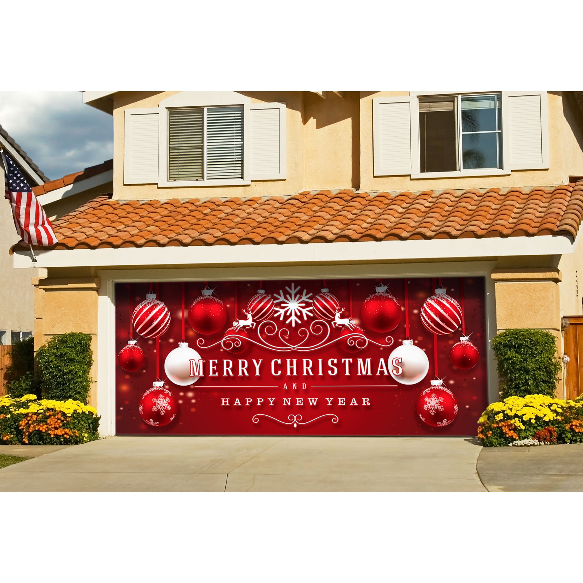 7' x 16' Red and White "Merry Christmas and Happy New Year" Outdoor Double Car Garage Door 