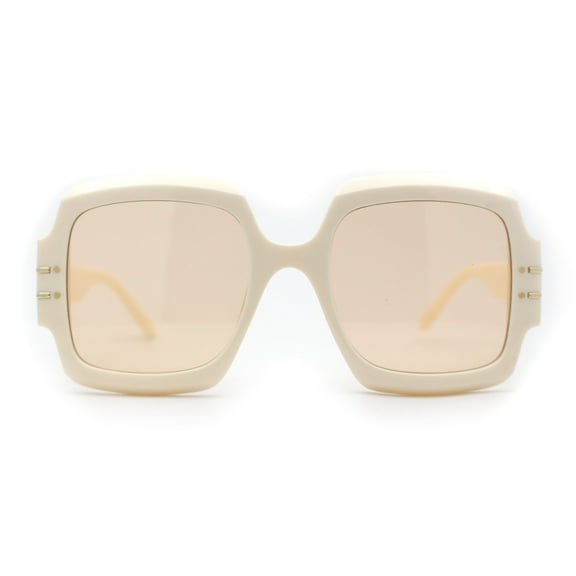 Oversized Mob Retro Thick Beveled Plastic Frame Nerdy Rectangle Sunglasses Ivory Light Brown