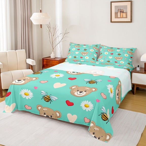 jejeloiu Kawaii Bear Loves Twin Sheet Sets,Cute Daisy Flowers Twin Fitted Sheet,Rustic Bee Flat Sheet For Girls Kids,Microfiber Bedroom Decor,3 Pieces