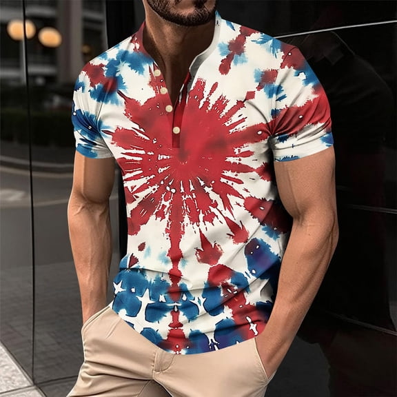 VgaVtl Henley Mens T Shirts Big and Tall Short Sleeve Fourth of July Shirts for Men Patriotic Tie-Dye Leisure Going Out Shirts
