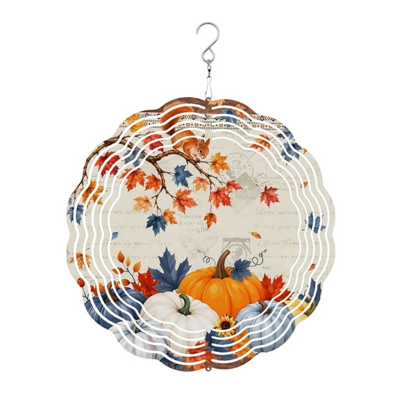 Fall Squirrel Wind Spinner for Garden Yard 8In, Thanksgiving Country Pumpkin Maple Leaf Flower Berry 3D Stainless Steel Kinetic Hanging Wind Spinners Rustproof Outdoor Decor for Lawn Patio Home