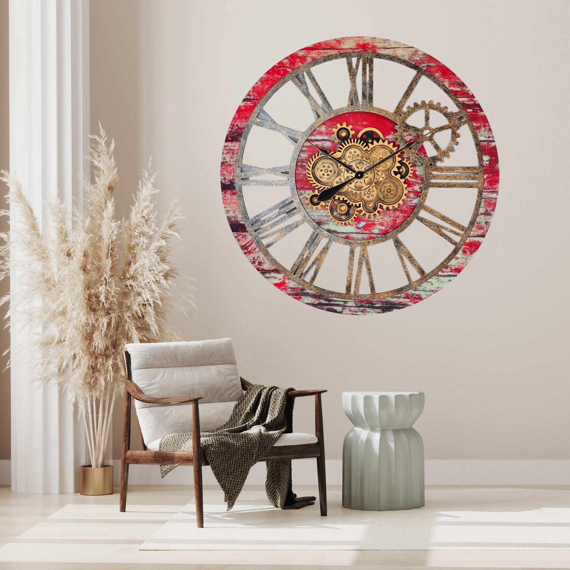 THE GEARS CLOCK Wall Clock with Real Moving Gears AM-LI_ 36 in Round Red-Lava