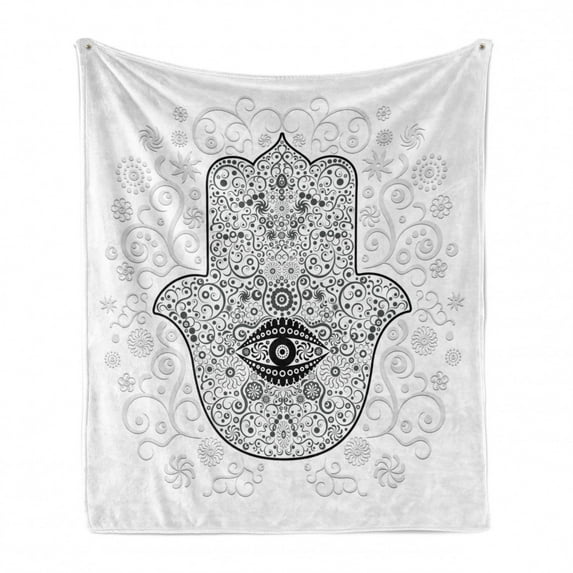 Hamsa Soft Flannel Fleece Throw Blanket, Divine Protection Luck Charm on Gentle Floral Spring Backdrop, Cozy Plush for Indoor and Outdoor Use, 50" x 60", White Black Grey, by Ambesonne