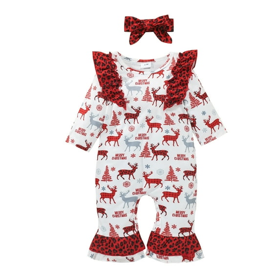Newborn Long-sleeve Jumpsuit with Bow Headdress Elk Print Clothing