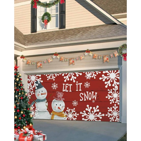 Garage Door Banner Cover 6 x 13 ft, Christmas Snowman Rustic Red Wood Grain Christmas Garage Door Decorations Holiday Christmas Backdrop Decor for Winter New Year Xmas Party