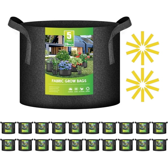 20 Pack 5 Gallon Grow Bags, Garden Planting Nonwoven Fabric Pots with Reinforced Handle, Heavy Duty and Aeration Planter Pot for Tomato, Fruits, Vegetables and Flowers, 20 Labels Included