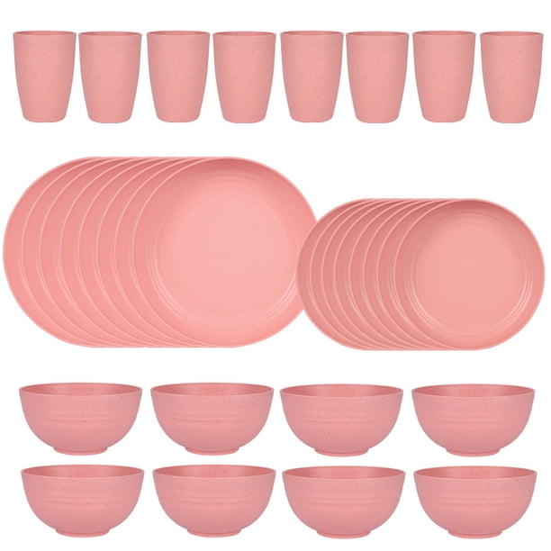 Nvzi 32pcs Wheat Straw Dinnerware Set,Plates and Bowls Set,Camping Dish Set for 8, Plastic Dinnerware Set,Dishwasher Safe Dinnerware Set,Pink