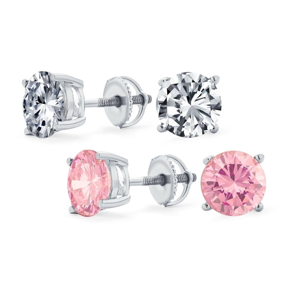 Bling Jewelry Womens Blue Clear CZ Solitaire Stud Earrings Sterling Silver Screwback 2 Set 5MM