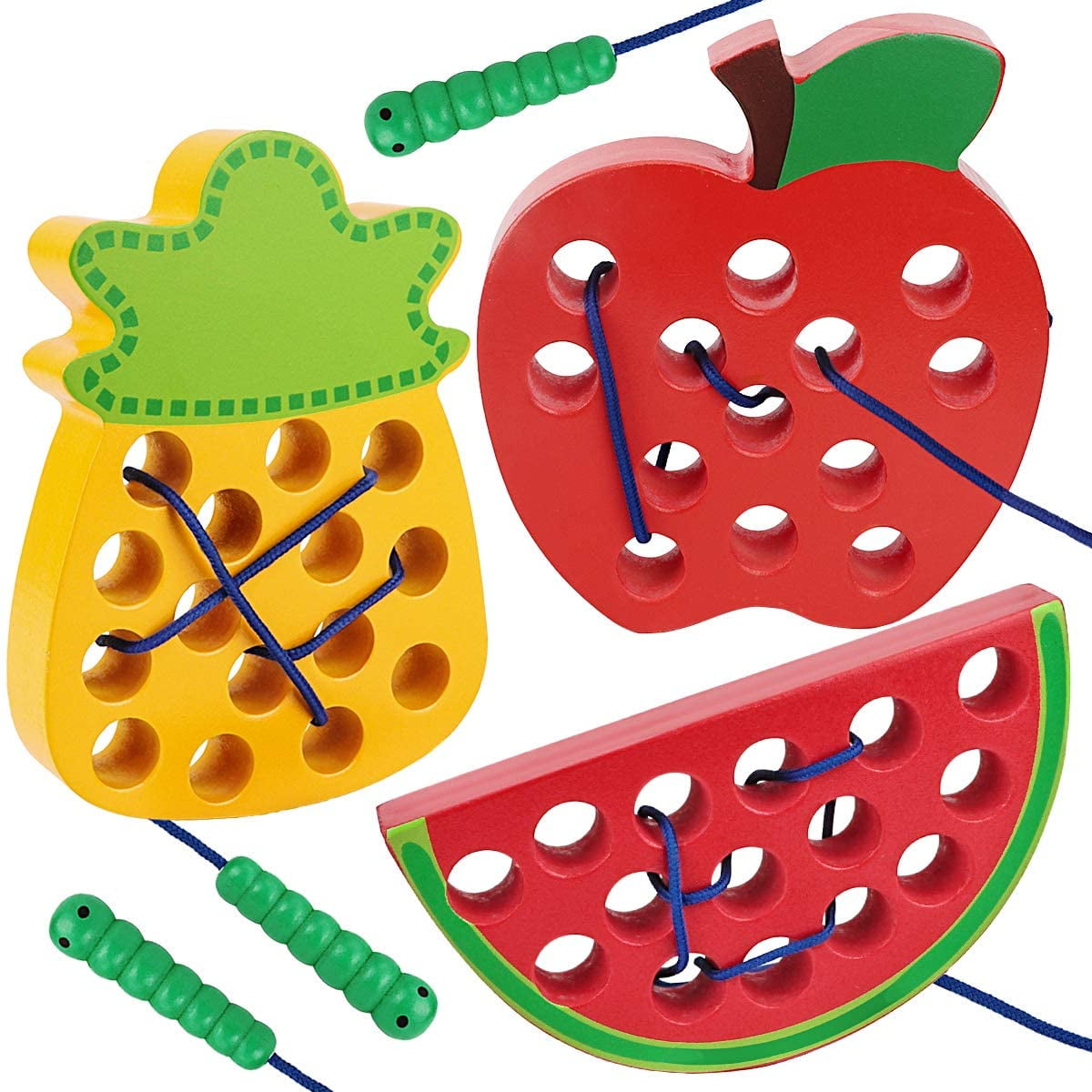 Lacing Toy for Toddlers Apple Watermelon Pineapple Wooden Threading Toys Educational Learning Fine Motor Skill Toys Car Plane Travel Games for 2 3 4