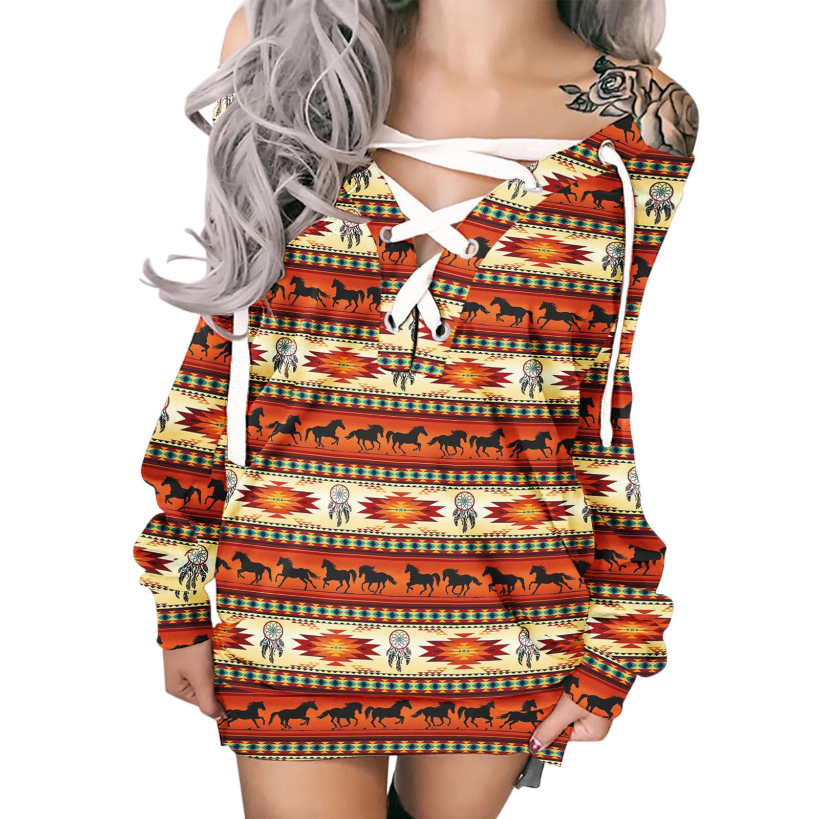 Women Vintage Prints Hoodie Dress 