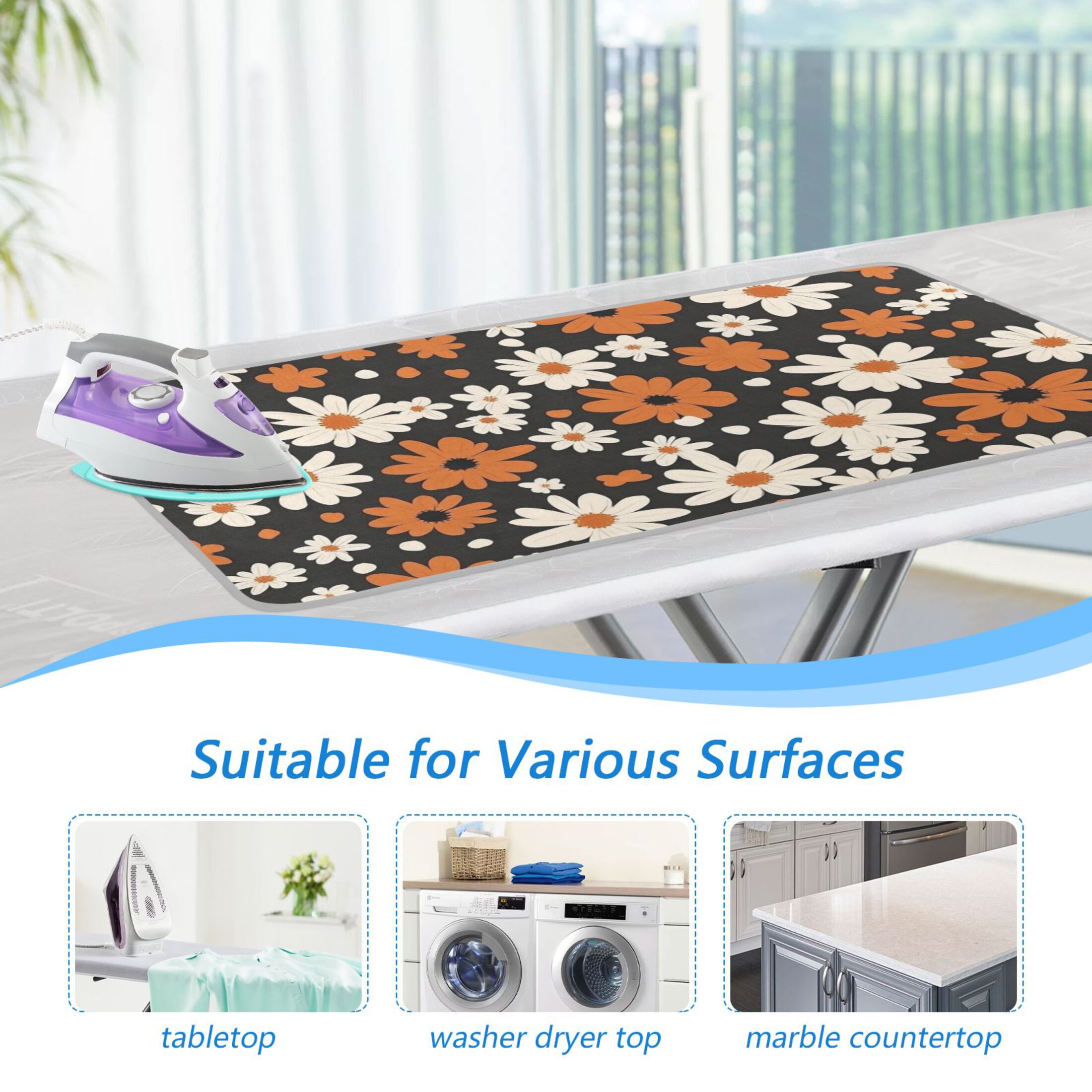 Small Flowers in Orange and White Ironing Mat Blanket Portable Travel Ironing Pad Heat Resistant Pad 47.2" x 27.6”