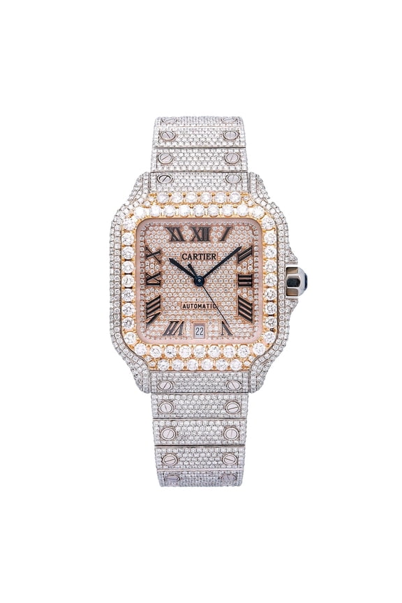 Pre-Owned Cartier Santos 39.8MM WSSA0018 Diamond Paved Rose Gold Roman Dial Rose Gold Diamond Bezel Stainless Steel Full Diamond Bracelet