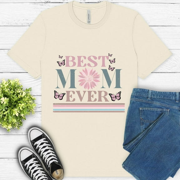 Best Mom Ever T-Shirt | Floral Butterfly Graphic Tee for Women, Natural, S