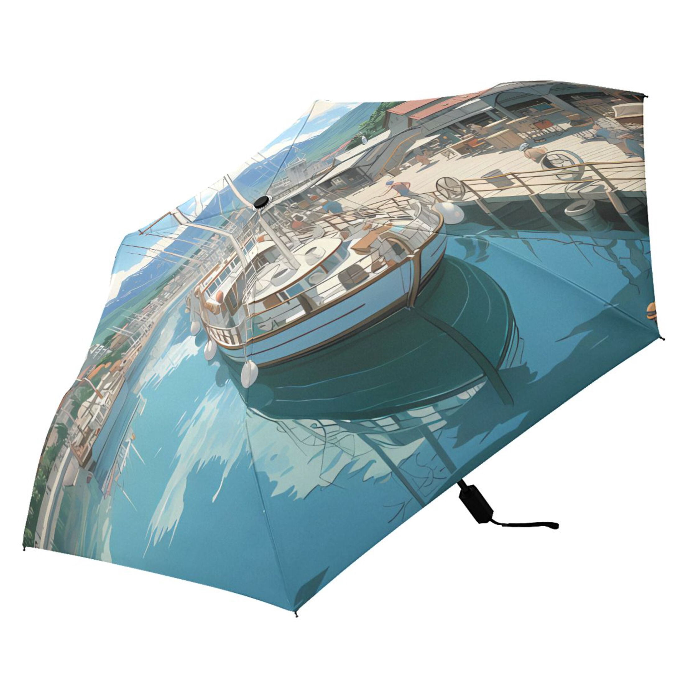 Sailing Boats Docked in Town Compact Sun Umbrella Windproof Travel Umbrellas for Rain Strong Portable UV Protection