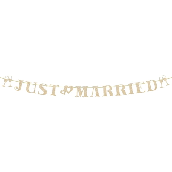 Pre-Strung Just Married Banner, Gold Glitter Wedding Bunting Garland with Champagne for Bridal Shower Engagement Bachelorette Party Wedding Reception Photo Props Car Decorations