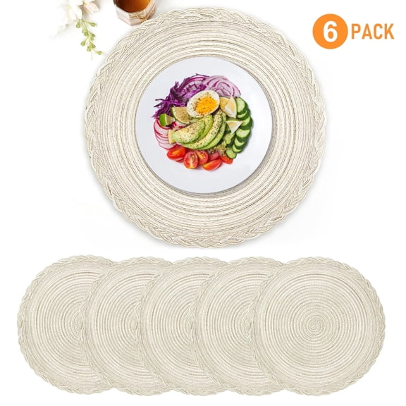 EVNELE Round Placemats Set of 6, Off-White Woven Table Mats, 15 inch Heat Resistant Braided Border Washable Plate Mat for Kitchen Dining Table