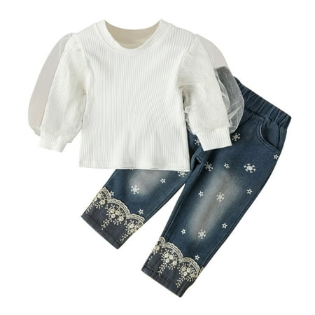 

Rovga Girls Outfit Sets Toddler Kids Baby Girls Puff Sleeve Lace Ribbed T-Shirt Tops Denim Jeans Long Pants 2Pcs Outfits Clothes Set Toddler Girls Clothing