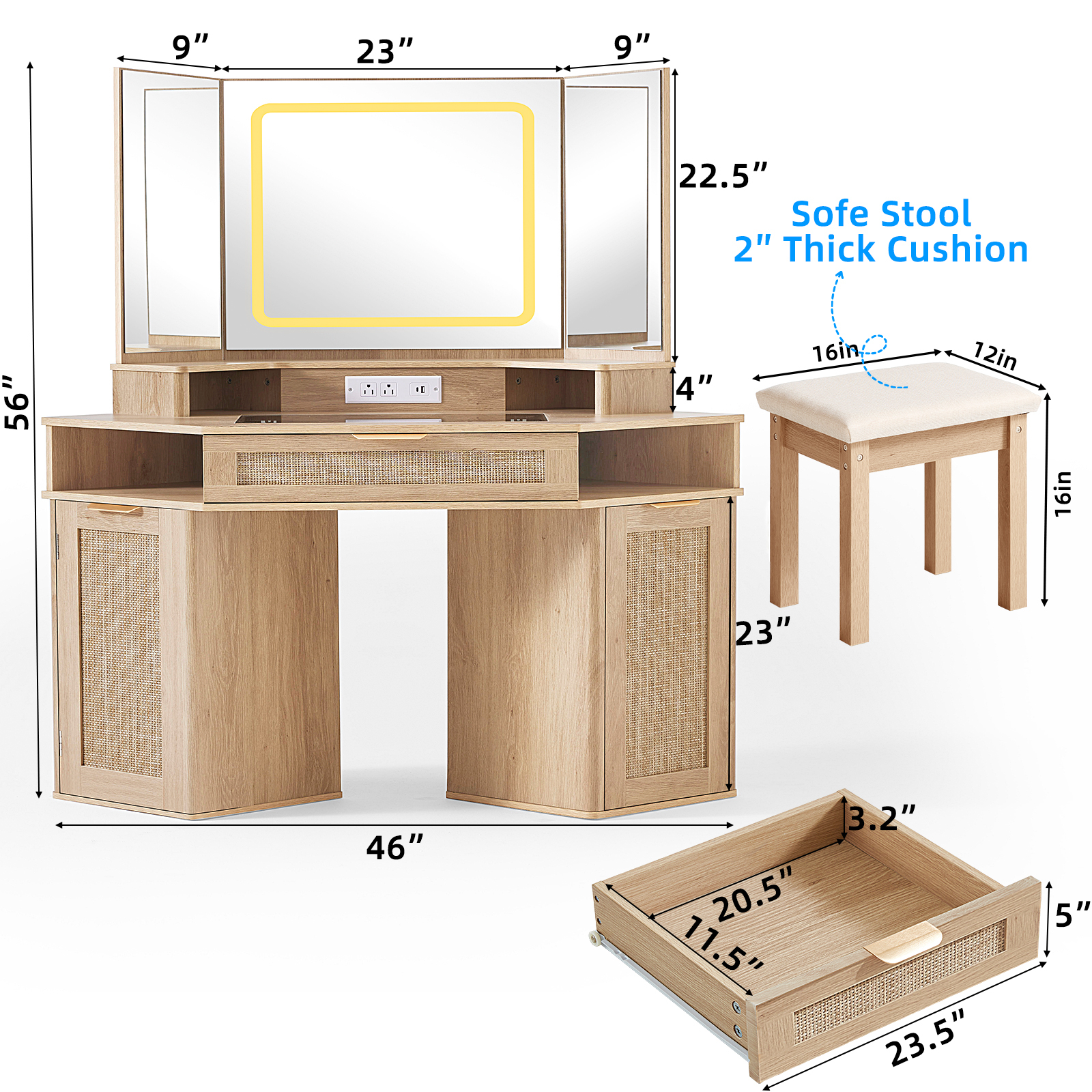 Makeup Vanity Desk with 3 Lighting Options, Dressing Table with Charging Station, Vanity Set with a Large Cabinet, Shelves and Stool, Corner Vanity for Women Girls, Natural Wood