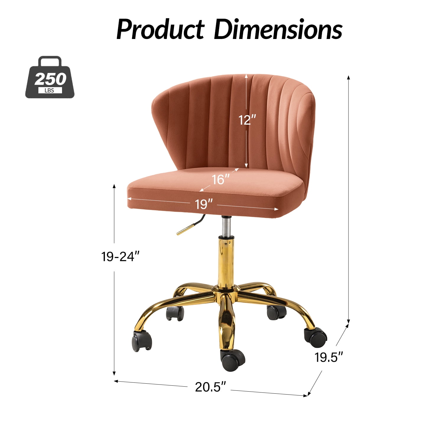 Tina's Home Coral Velvet Swivel Office Chair with Gold Legs, Adjustable Height Rolling Desk Chair for Vanity
