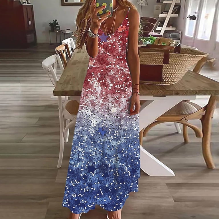 Yghzkop Independence Day Maxi Dresses for Women Printed Sundress A-Line  Summer Sleeveless V Neck Pleated Beach Dress Loose Fit Party Vacation Dress 