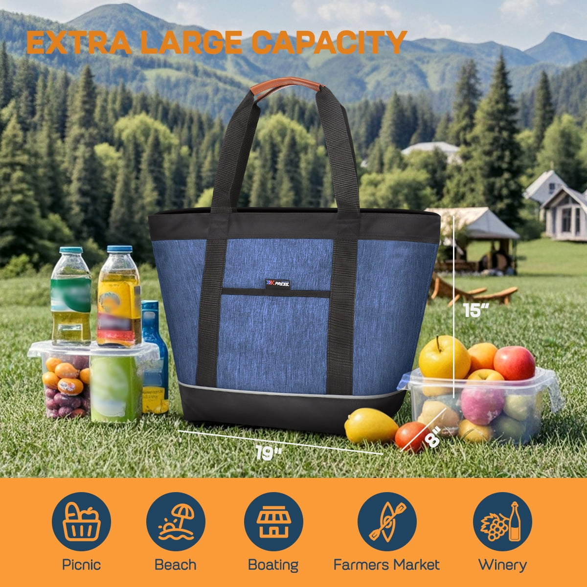 Large 38L Insulated Cooler Tote Bag with Front Pocket and Top Zipper, Collapsible Soft Cooler for Shopping, Beach, Camping, Work,BB1102 Navy