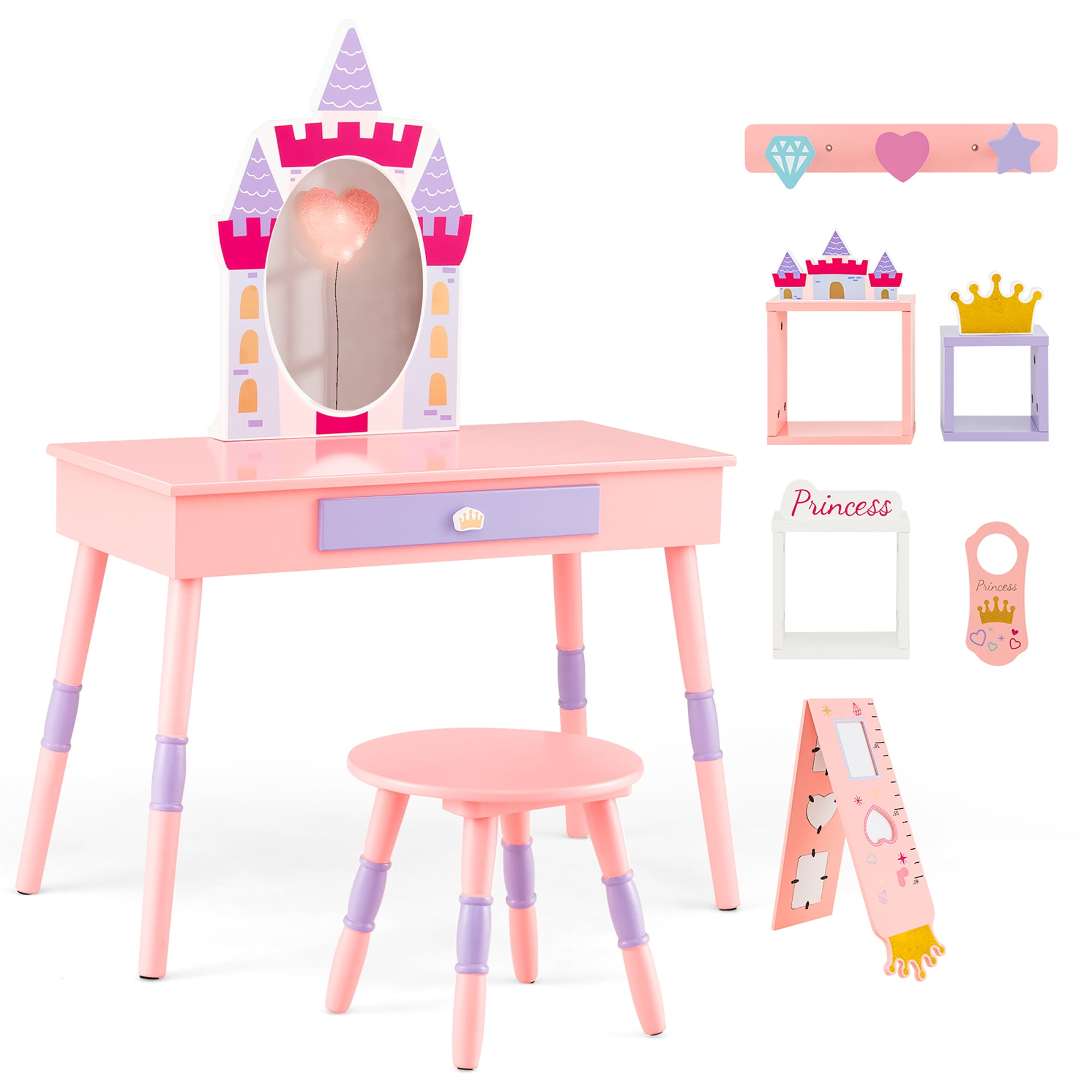 Kids Princess Vanity Table and Stool Set with Drawer and Mirror Pink