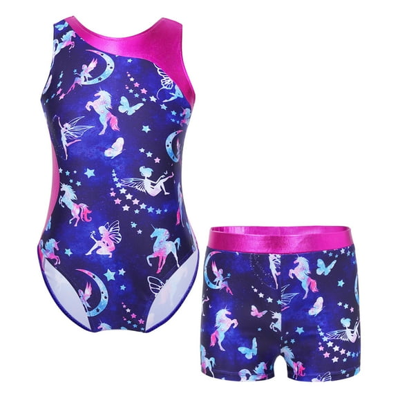 Ocealan Girls Floral Printed Gymnastics Leotard Shorts 2 Pcs Dance Outfit Tumbling Bodysuits Navy Blue 6