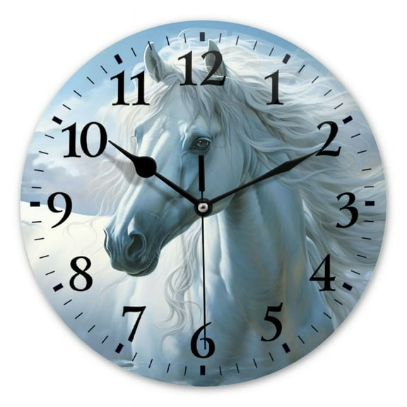 Personalized Wall Clock Non-Ticking Silent Clocks Battery Operated Round Clocks Decorative for Bathroom,Office-White Horse With Flowing Mane Under Blue Sky(10inch)