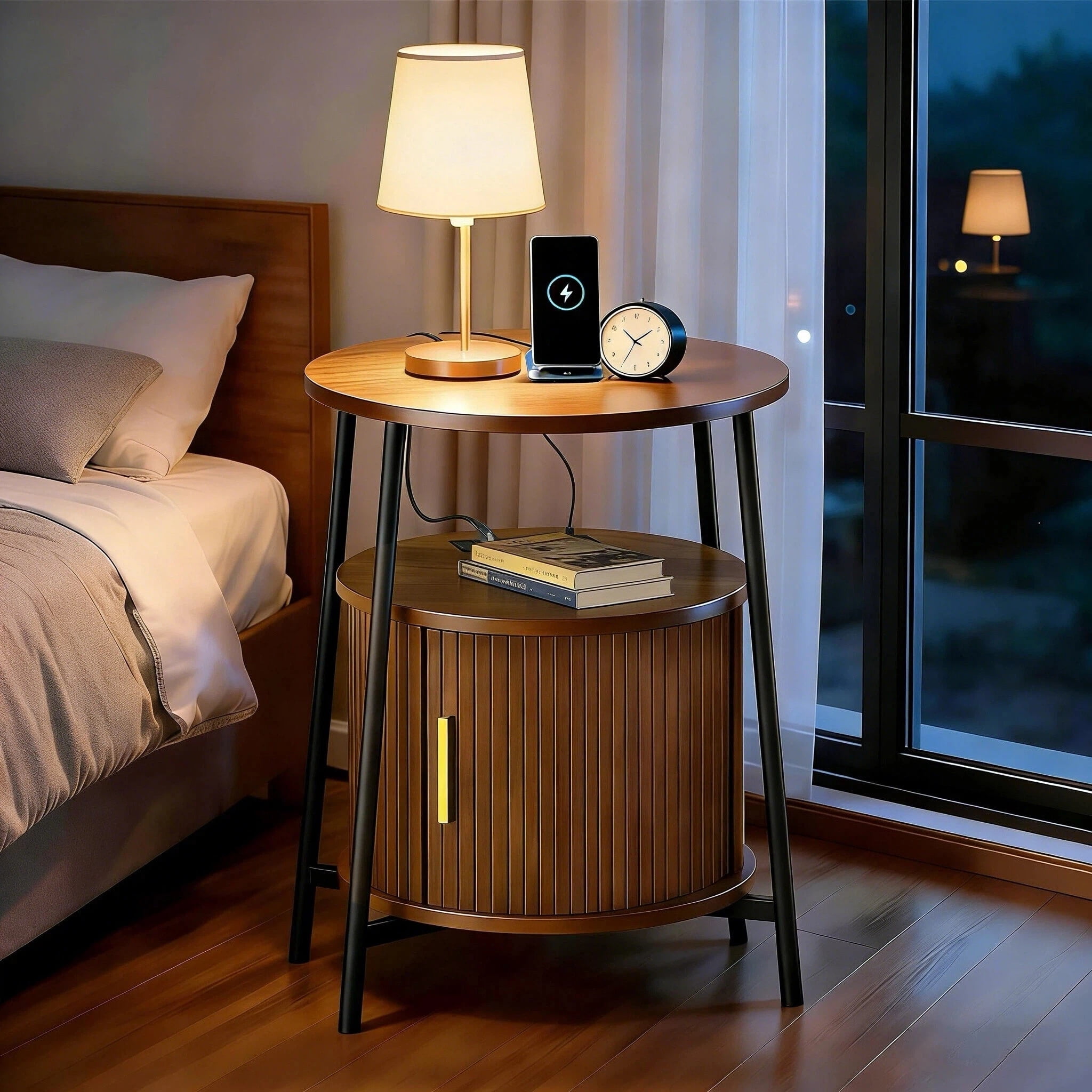 AISWORD Nightstand with Charging Station, Modern Round Bedside Table with Sliding Door Storage, Walnut, 2 Pack
