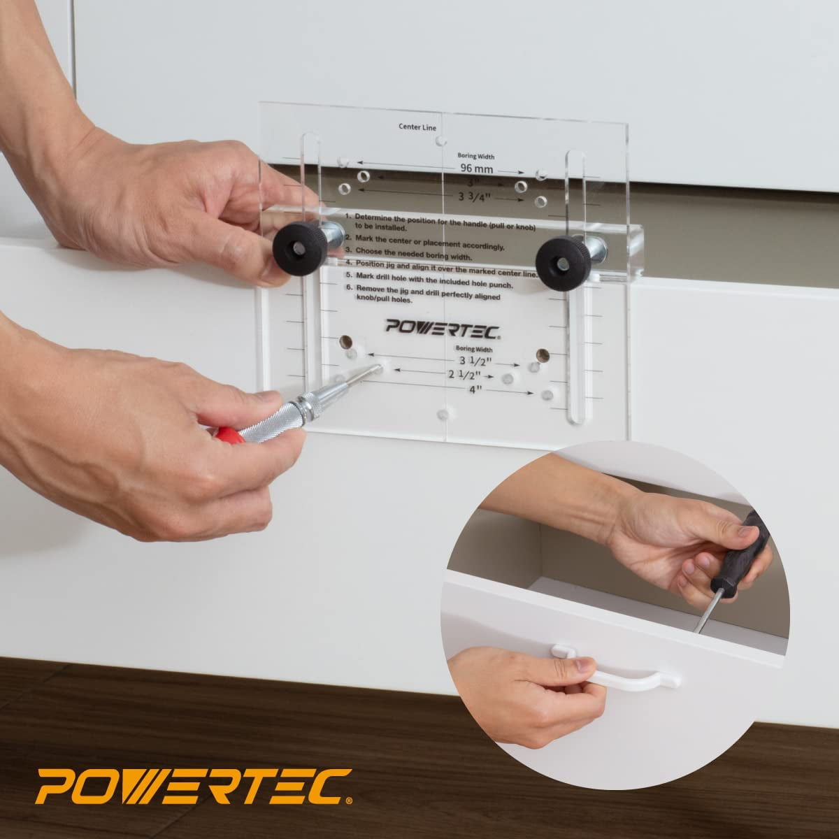 POWERTEC 71412 Drawer Pull Jig Template and Center Punch