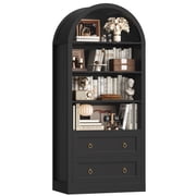 Hiphuta 70Tall Arched Bookcase, 4-Tier Bookshelves with 2 Large Drawers, Wooden Display Shelf with Storage for Living Room Home Office, Black