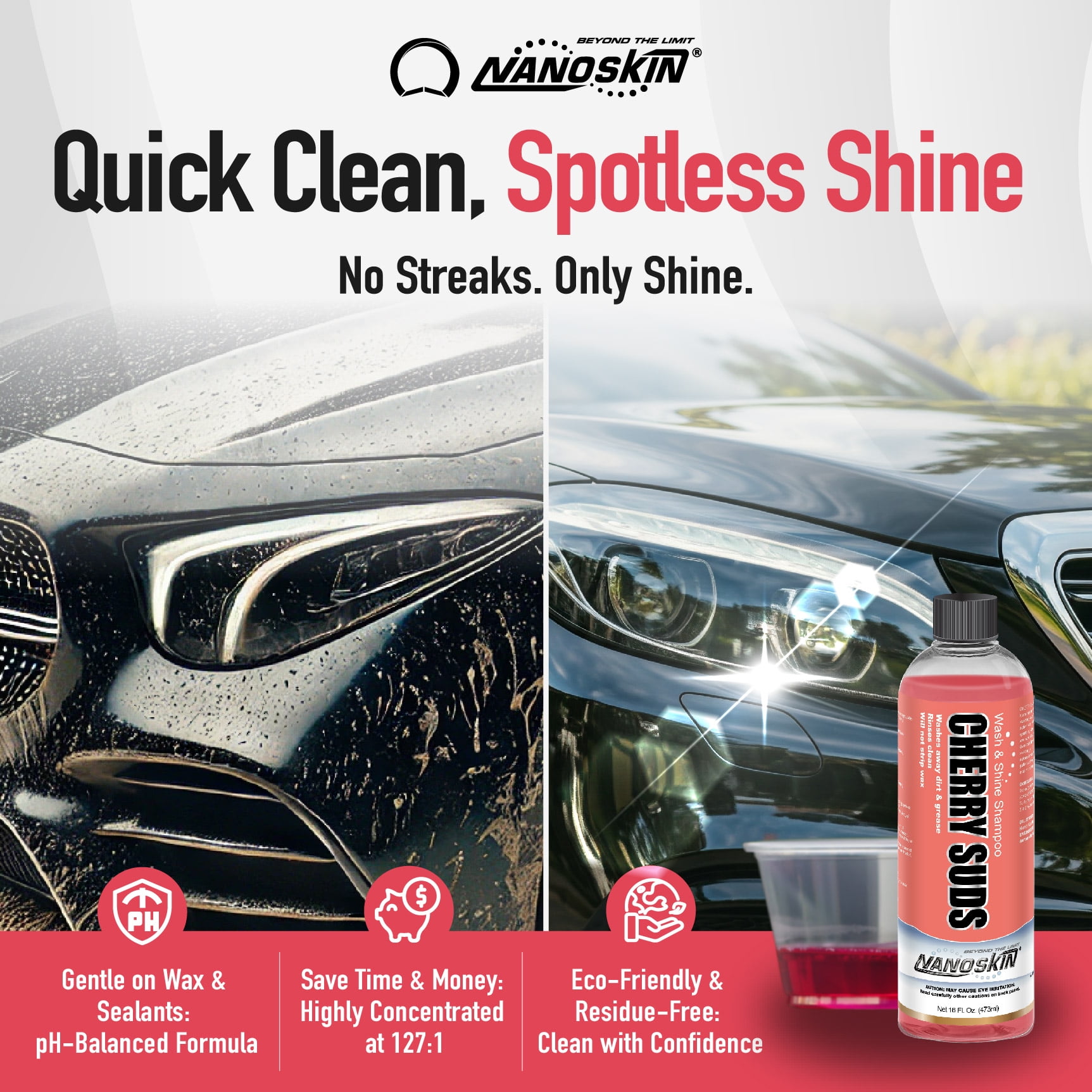 Nanoskin CHERRY SUDS Foaming Car Wash Shampoo 30 Gallons- Works with Foam Cannon, Foam Gun, Bucket Washes, Car Soap for Pressure Washer | Safe for Cars Trucks, Motorcycles, RVs & More | Cherry Scent