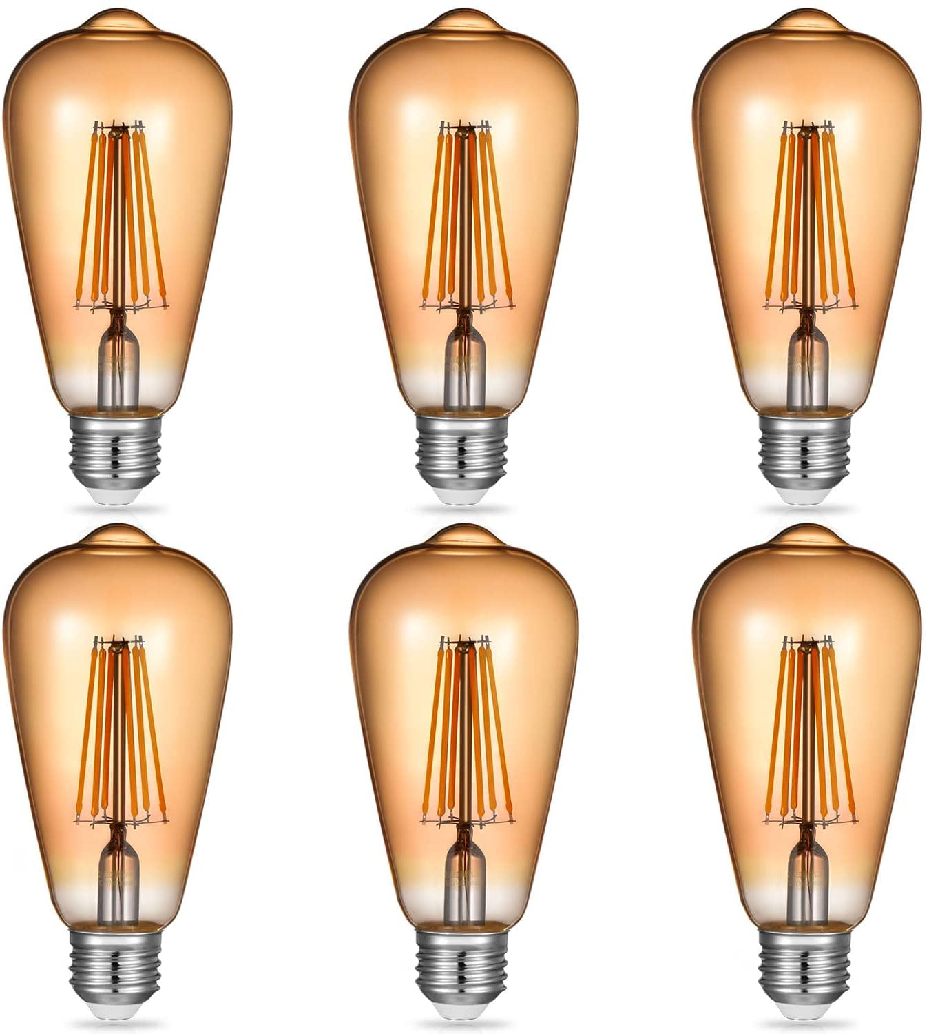 Vintage LED Edison Light Bulbs: 6 Watt 2700K Soft White Lightbulbs Non Dimmable E26 Base 6 Pack Filament Light Bulb Set 60W Equivalent