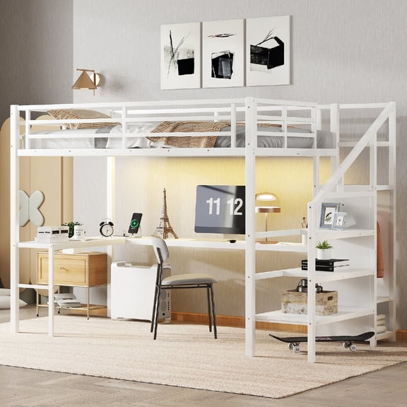 Twin XL Loft Bed Frame with L-shaped Desk and USB Charging Station, LED Lights Metal Loft Bed with Wardrobe and Adjustable Shelf for Bedroom, Apartment, Dorm, Mattress Not Included, White