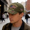 thumbnail image 5 of 250th Anniversary Baseball Cap, Distressed Denim Hat with Embroidered USA Flag, Vintage Ripped Adjustable Snapback for Independence Day, Semiquincentennial and National Holiday Celebration-Green, 5 of 6