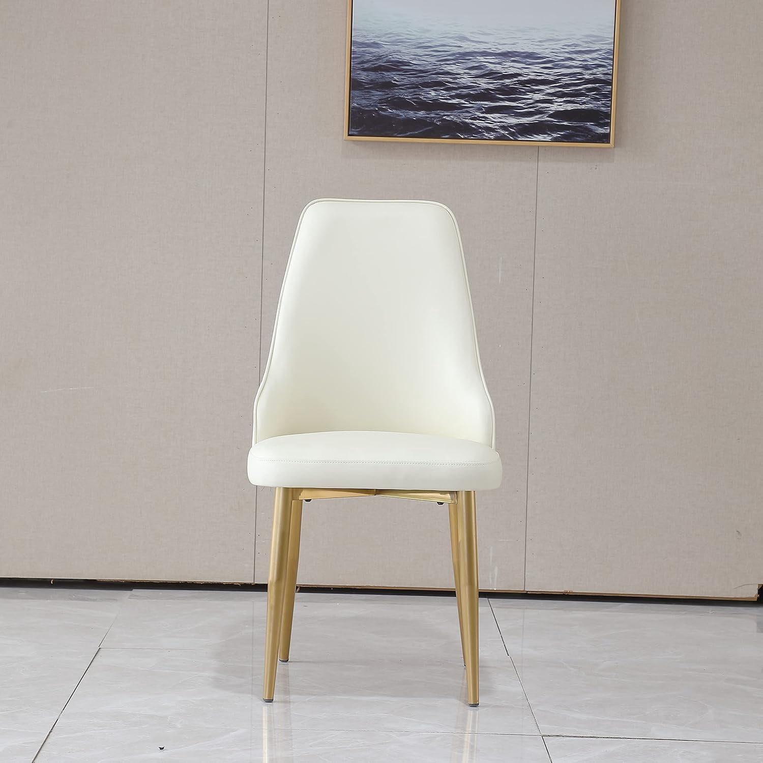 Montary Contemporary Dining Chairs Set of 2 - White PU Leather w/Gold Legs, Ergonomic Back Support for Kitchen & Dining Room (Stripes)