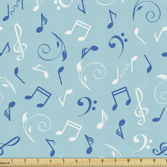 Music Note Fabric by the Yard Upholstery, Vintage Doodle Style Floating Around Swirls and Waves, Decorative Fabric for DIY and Home Accents, 1 Yard, Pale Blue Cobalt Blue by Ambesonne