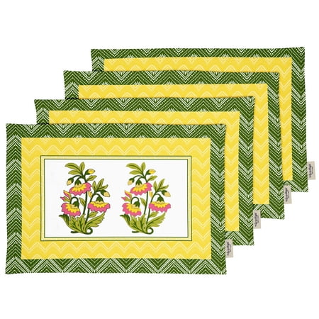 

Vargottam Placemats- Placemat For Dining Table Set Of 4- Printed & Reversible CottonNapkin-IndoorPlacematsFor Home & Kitchen Dining Table- Asian Block (Yellow)