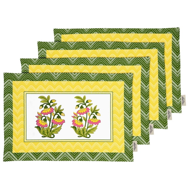 Vargottam Placemats- Placemat For Dining Table, Set Of 4- Printed & Reversible CottonNapkin-IndoorPlacematsFor Home & Kitchen Dining Table- Asian Block (Yellow)