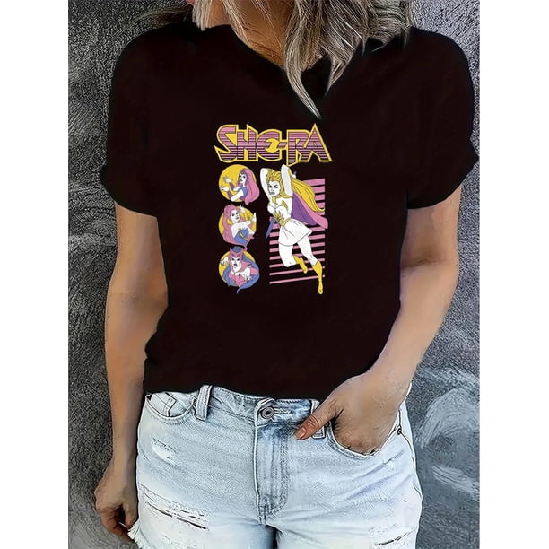 Camiseta de Mujer de Verano BásicaWomen's Casual Round Neck T-Shirt with Knight Pattern, Short Sleeve, Comfortable Summer Top, Polyester and Spandex Blend, Machine WashableFather's Day, Mother's Day