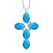 Gem Stone King 925 Sterling Silver Blue Simulated Opal Cross Pendant Necklace for Women (2.50 Cttw, Gemstone October Birthstone, Oval Cabochon 6X4MM, With 18 inch Silver Chain)
