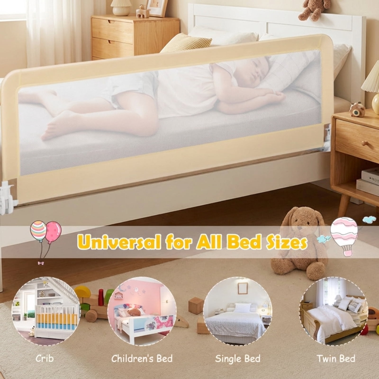 SUGIFT 59 Inch Folding Breathable Bed Side Rails Guard with Swing Down Design Mesh Panel Safety Strap Metal Crossbar and Washable Cover for Bedside Protection, Beige