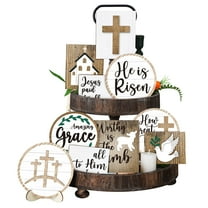 Easter Tiered Tray Decor Set He is Risen Cross Easter Wood Sign Easter Table Decor Easter Dove Cross Tiered Tray Easter Wooden Signs for Easter Party Decorations 10 Pcs