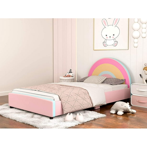 IKIFLY Twin Size Kids Bed, Children Upholstered Twin Platform Bed Frame