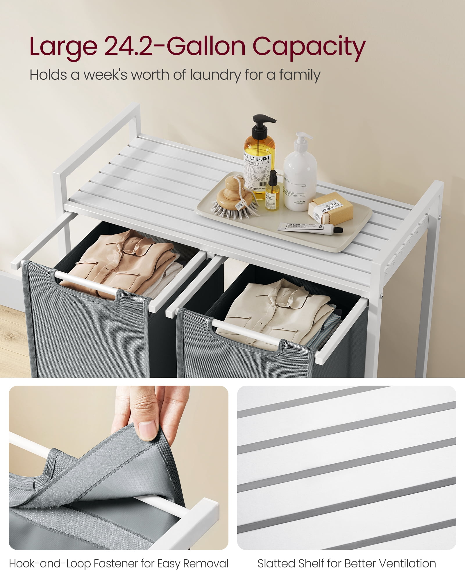 Laundry Hamper, Laundry Basket, Laundry Sorter with 2 Pull-Out and Removable Bags, Shelf, Metal Frame, 2 x 12.1 Gallons