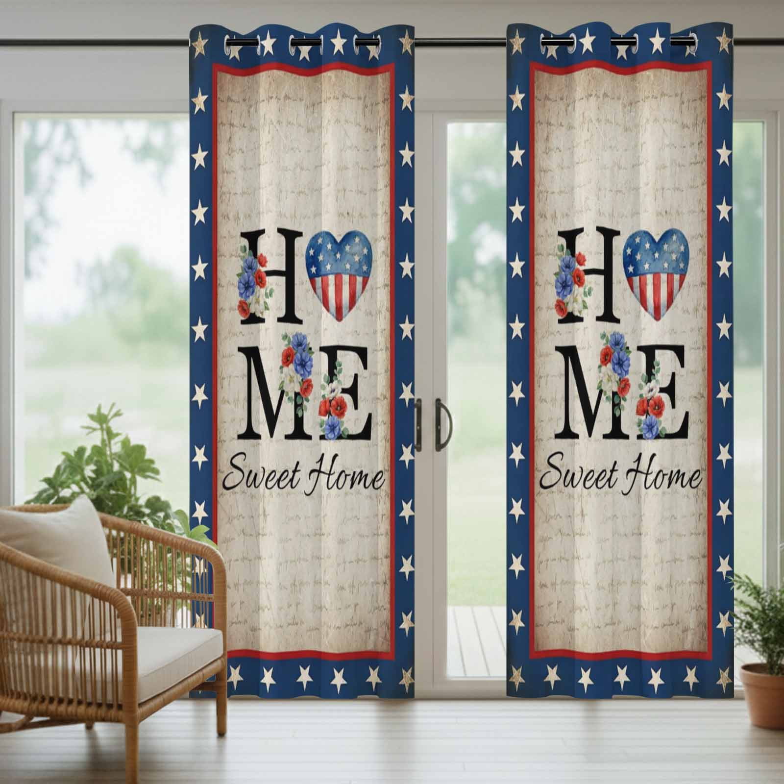 4th of July Outdoor Curtains for Patio, Home Sweet Home Blue Stars Floral Usa Flag Vintage Sunshade Privacy Drapes Grommet Waterproof Outside Curtains for Porch/Cabana/Balcony 54"x 108", 1 Panel