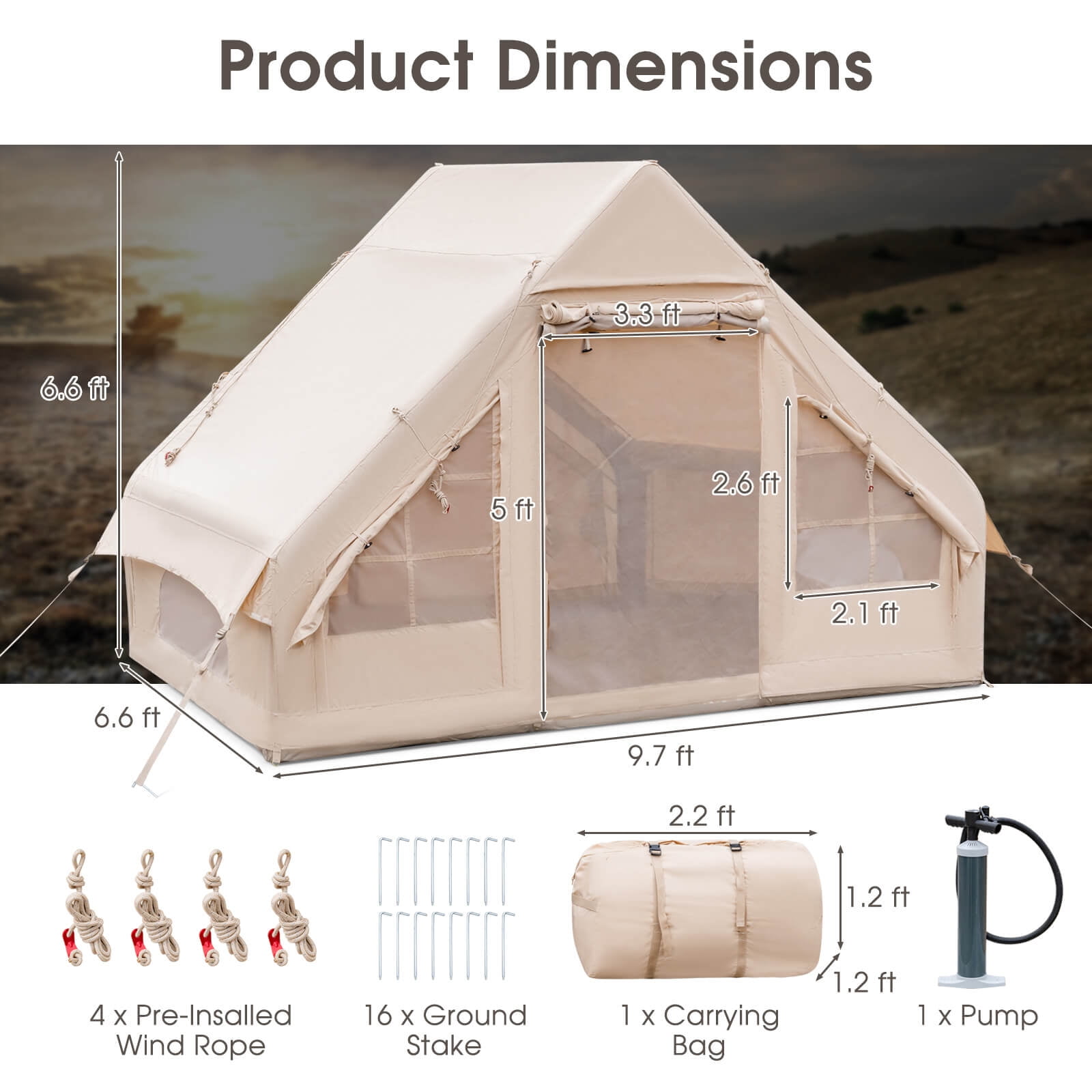 Infans Inflatable Camping Tent 2-6 People Cotton Glamping Tent for Family Camping